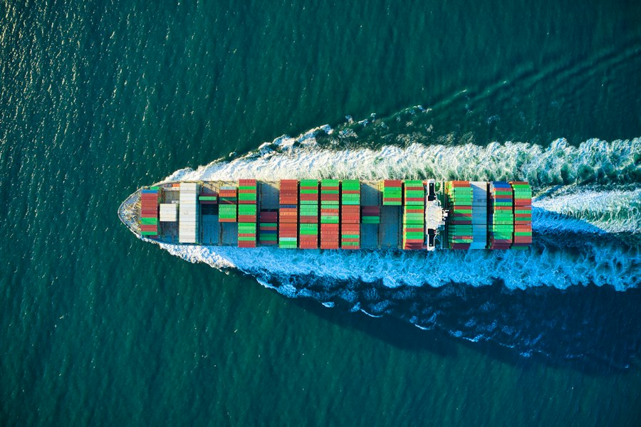 Aerial view of a container ship at sea